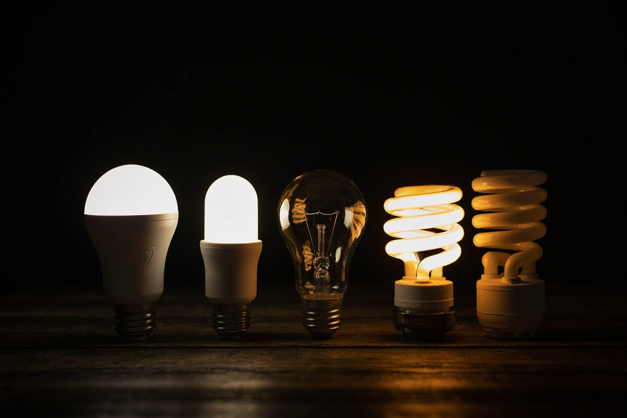 Comparaison de plusieurs technologies d'ampoules sur une table